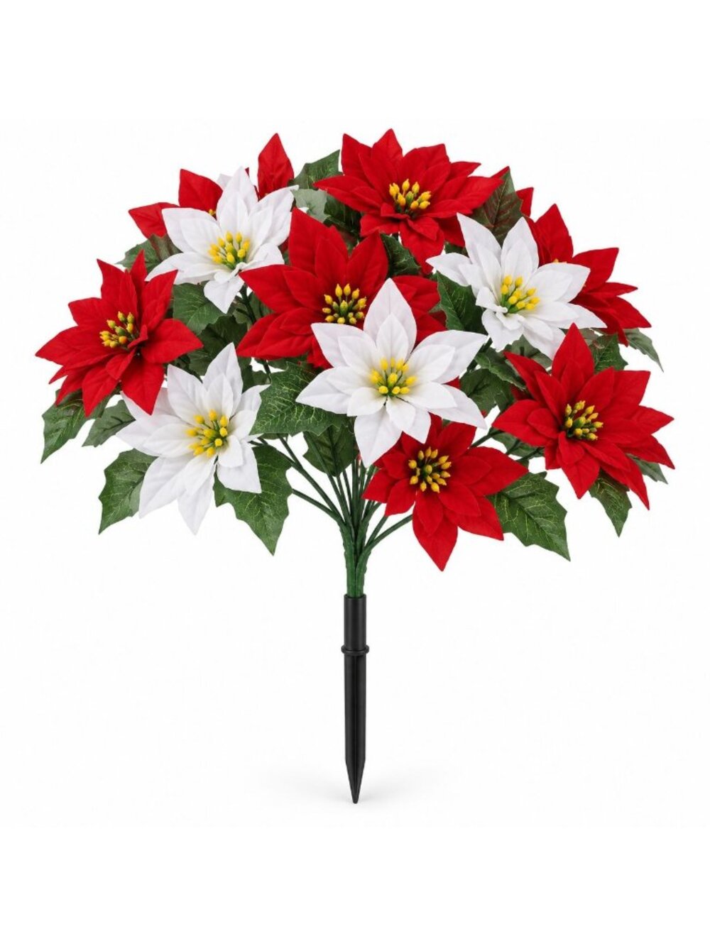 Red and White Artificial Poinsettia Bush, 14 Blooms, 17 Inch Faux Christmas Flow